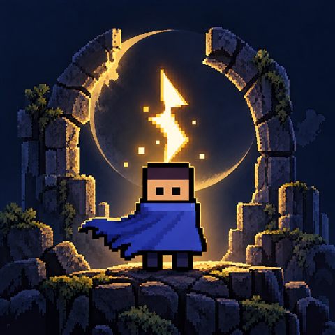 Deathbound Memory RPG artwork: a caped pixel-art hero standing in stone ruins under a glowing crescent moon